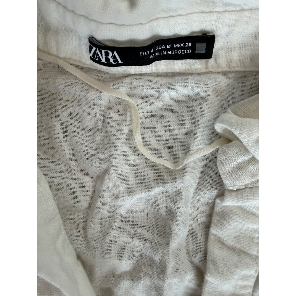 Zara Shirt Dress Womens Medium Cream Linen Blend Ruffle Hem Belted Excellent - Picture 2 of 9